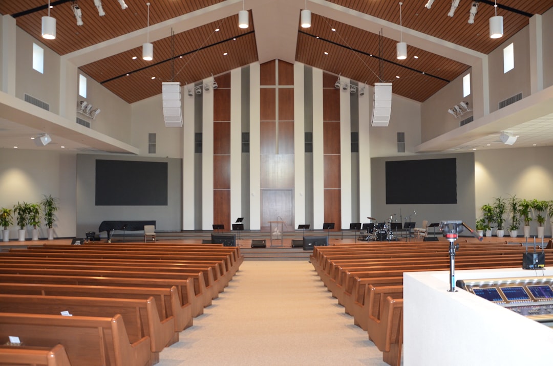 Empty church sanctuary prepared for worship services in Charleston
